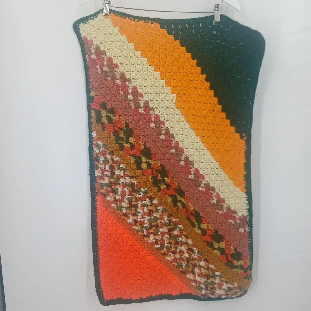 vintage crochet knit orange green lap blanket small size wheelchair blanket